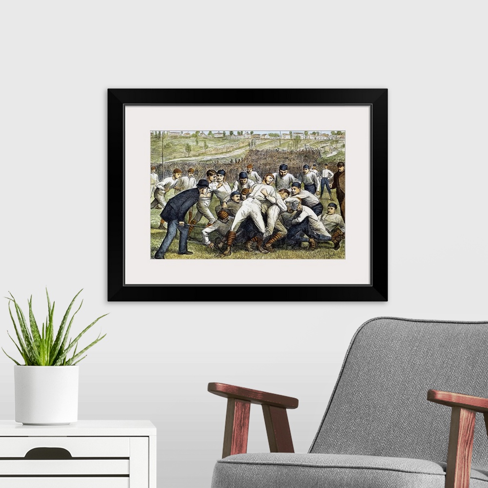 A modern room featuring The football game between Yale and Princeton on 27 November 1879: contemporary colored engraving.