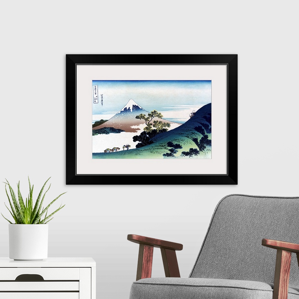 A modern room featuring Hokusai, Inume Pass. A View Of Inume Pass In the Kai Province, Japan, With Mount Fuji In the Back...