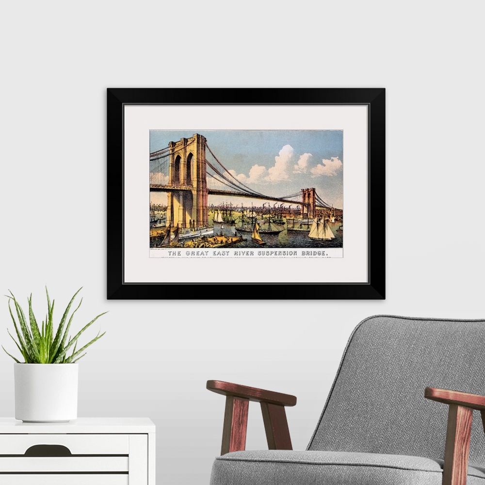 A modern room featuring 'The Great East River Suspension Bridge.' View of the Brooklyn Bridge connecting Manhattan and Br...