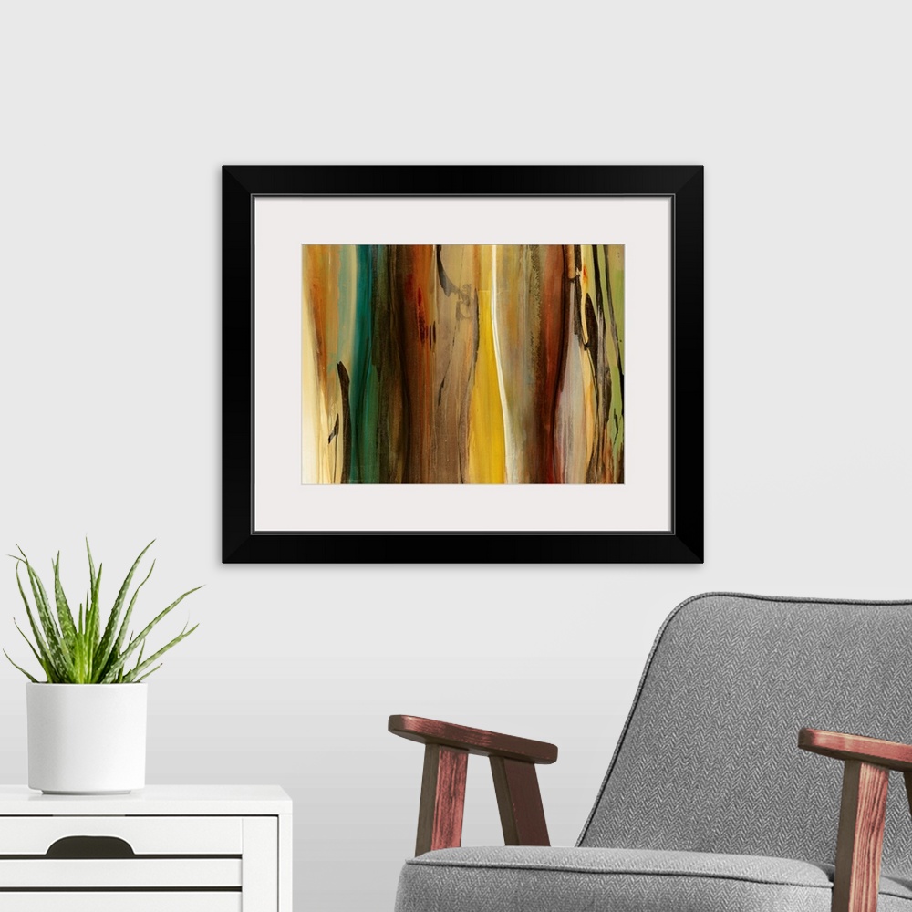 A modern room featuring Warm-toned abstract painting featuring flowing areas of color and smooth brushstrokes moving down...