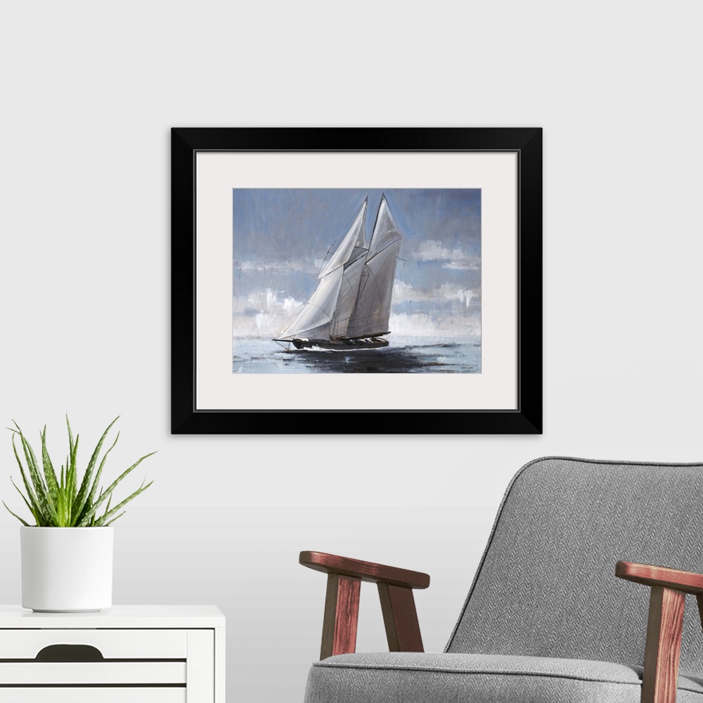 A modern room featuring Contemporary painting of a sailboat with great big white sails gliding on the surface of the water.