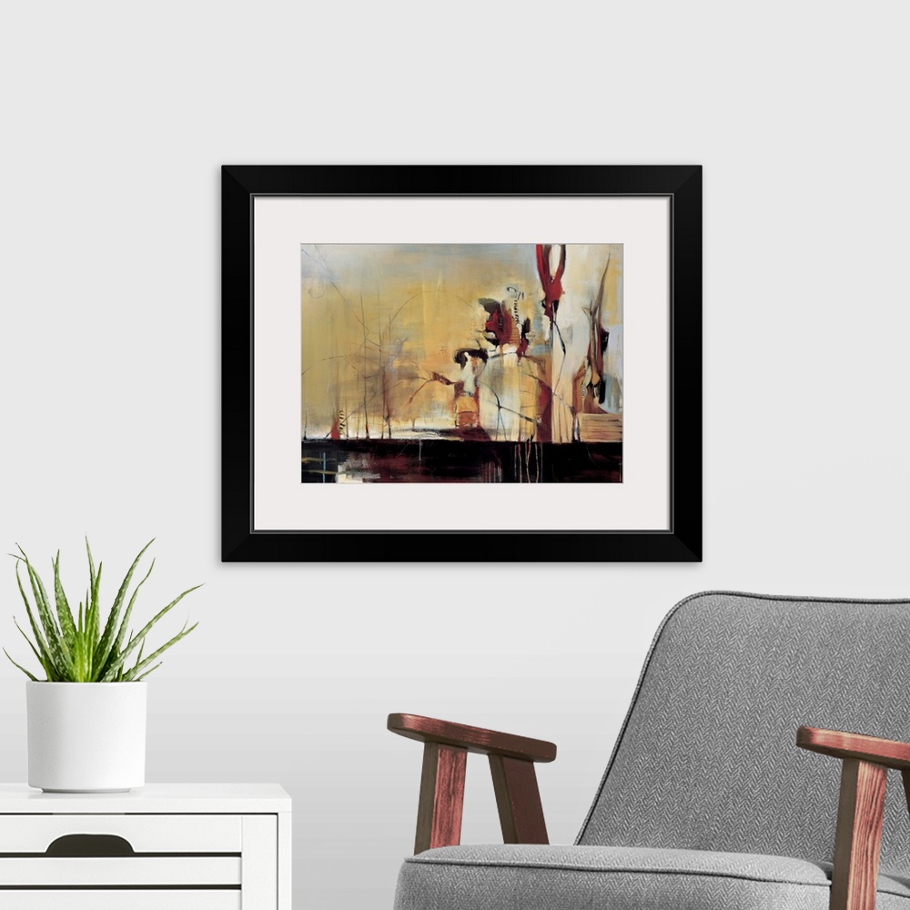 A modern room featuring Contemporary abstract painting using harsh lines and wild strokes of warm tones.