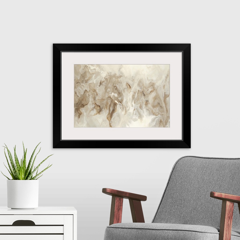 A modern room featuring Neutral colored hues marbling together in this large abstract painting.