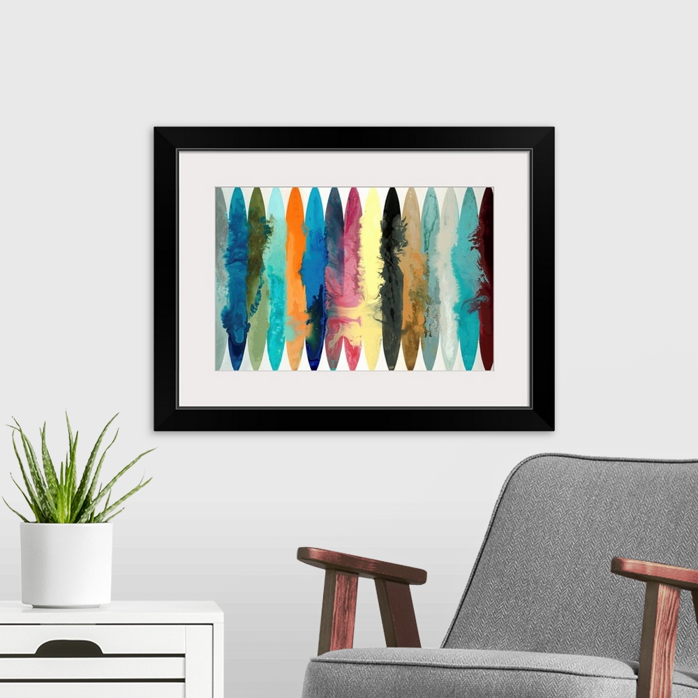 A modern room featuring Large abstract painting with different colored oblong shapes lined up together going across the c...