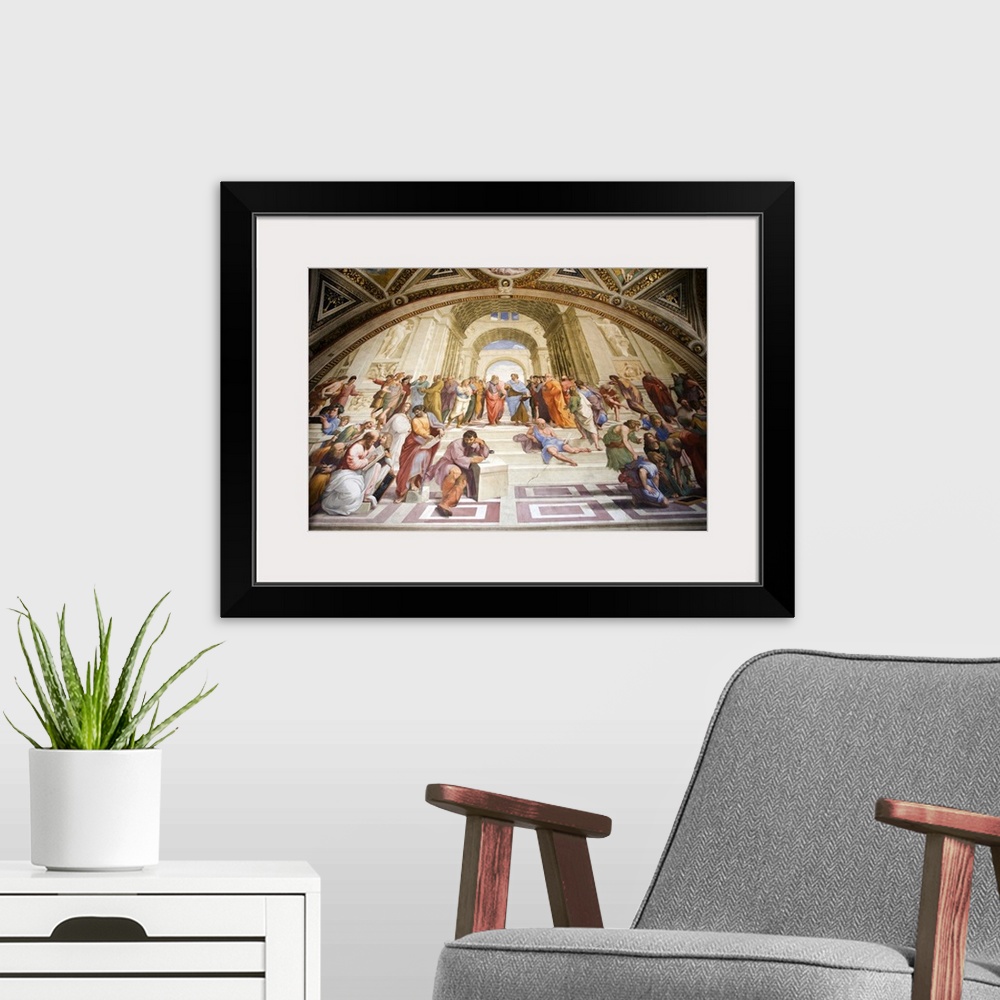 A modern room featuring School of Athens, Rapahel's rooms, Vatican museums