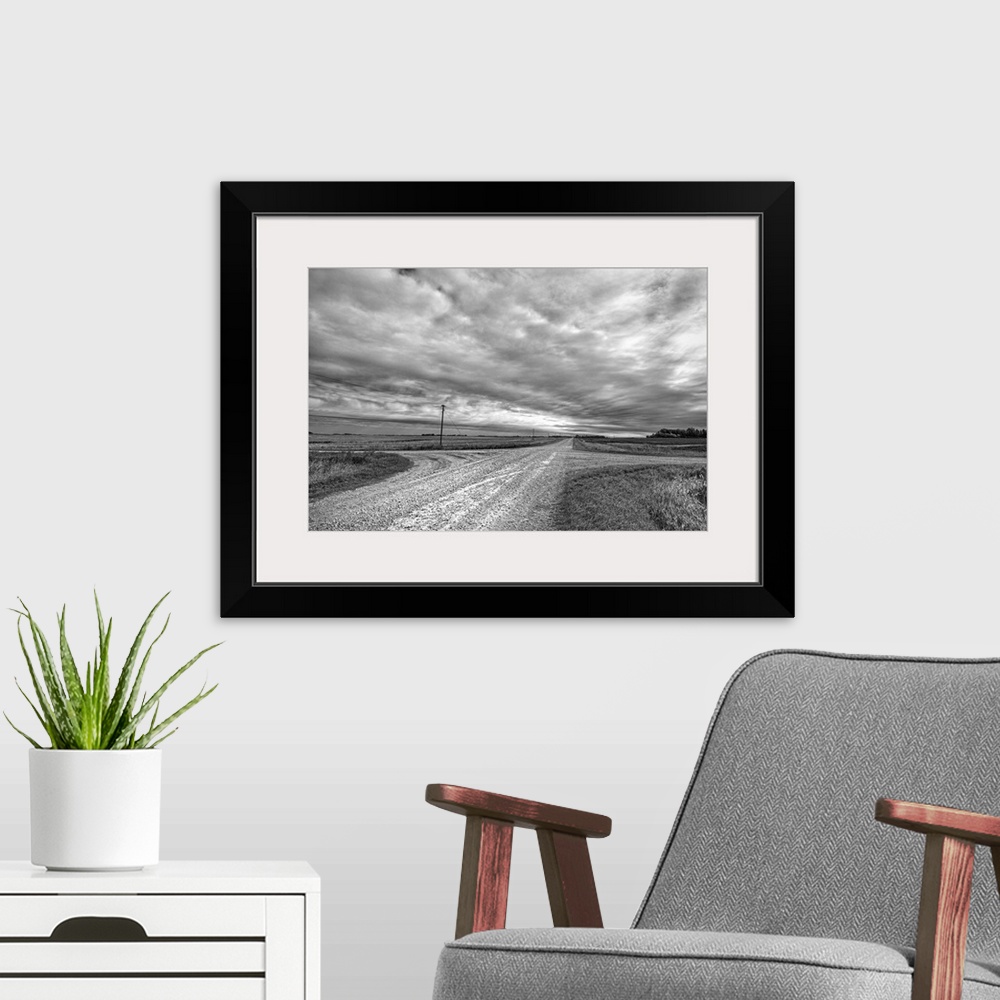 A modern room featuring Grey skies above cross roads in North Dakota, Cavalier County USA