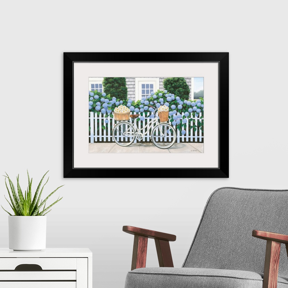 A modern room featuring Contemporary painting of a white bicycle with two baskets of daises leaning up on a white picket ...