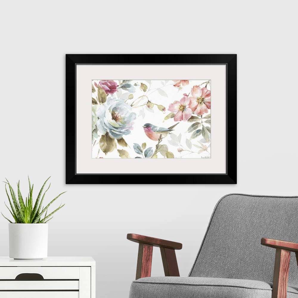 A modern room featuring Watercolor painting of a bird surrounded by pink and blue flowers.