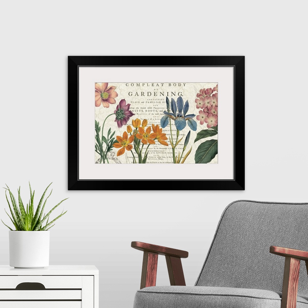 A modern room featuring Botanical illustrations against a weathered background with text.