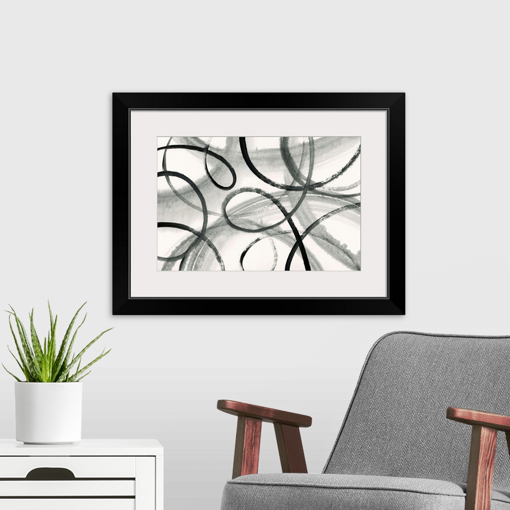 A modern room featuring Black and white abstract painting with loop black lines on a faded background.