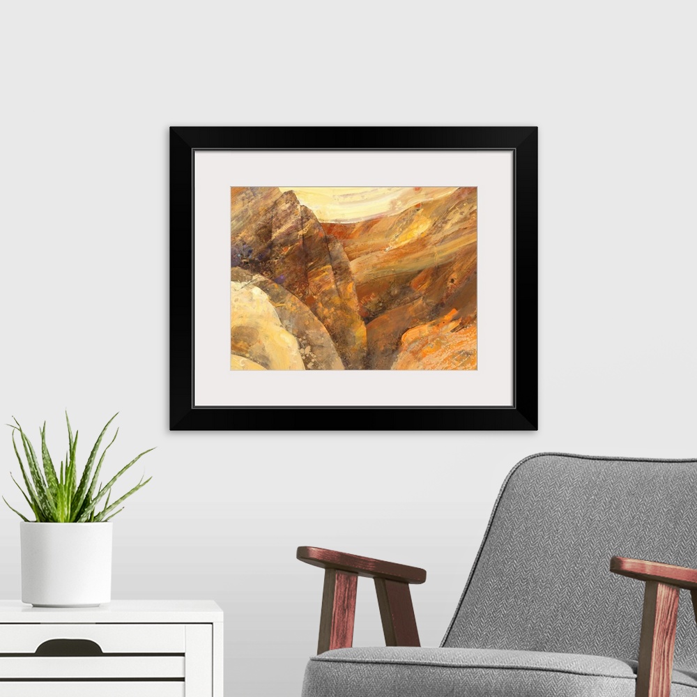 A modern room featuring Large abstract painting with brown, orange, cream, and yellow hues resembling a canyon with small...
