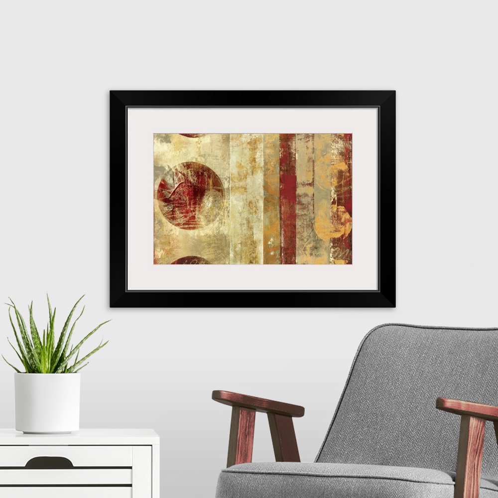 A modern room featuring Contemporary abstract image of vertical stripes and distressed circles.