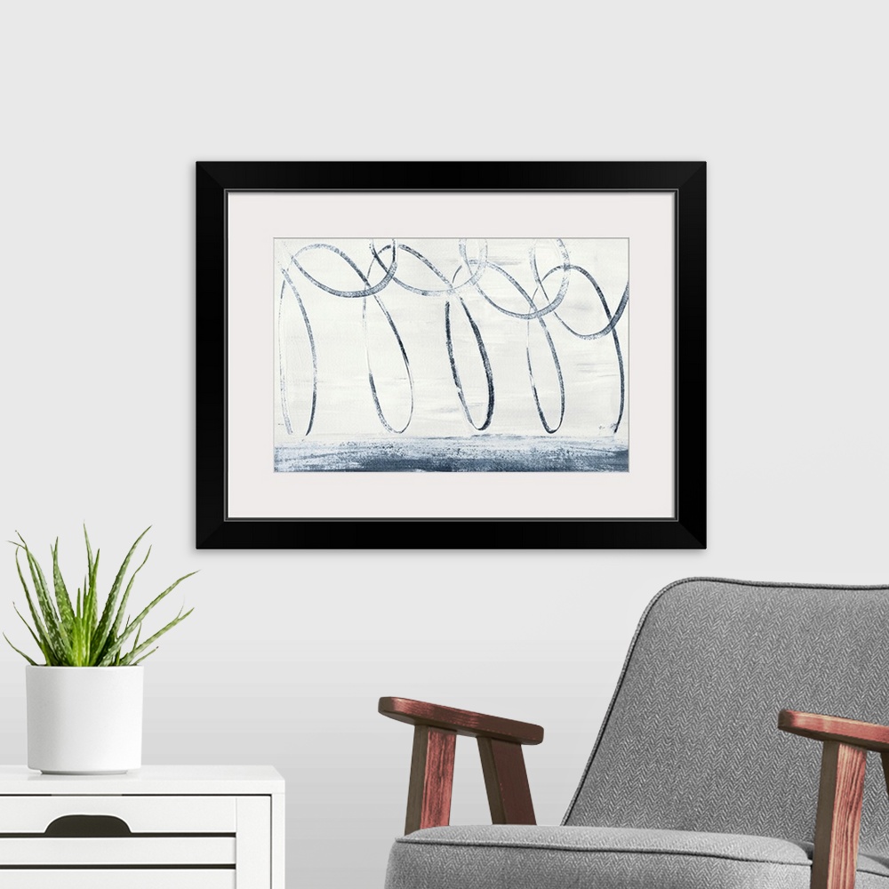 A modern room featuring Abstract painting that has a continuous indigo line making long, skinny loops on white.