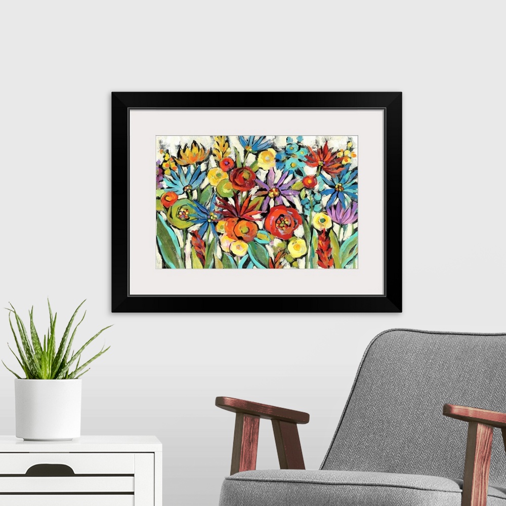 A modern room featuring Colorful abstract painting of a group of wildflowers on a neutral background.