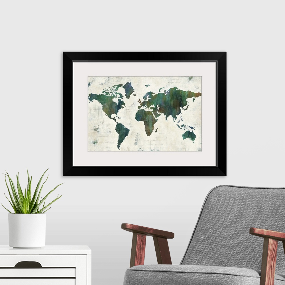 A modern room featuring Contemporary artwork of a world map in a dark green against a neutral toned background.
