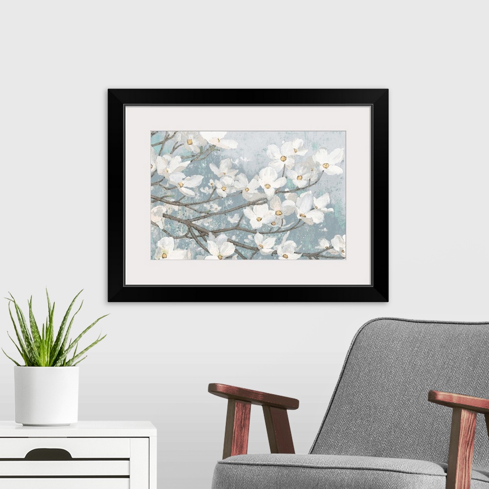 A modern room featuring Dogwood Blossoms II Blue Gray Crop