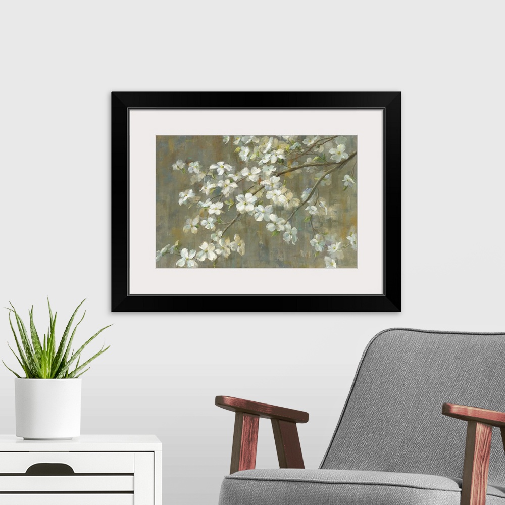 A modern room featuring Contemporary painting of a dogwood tree branch with white flowers.