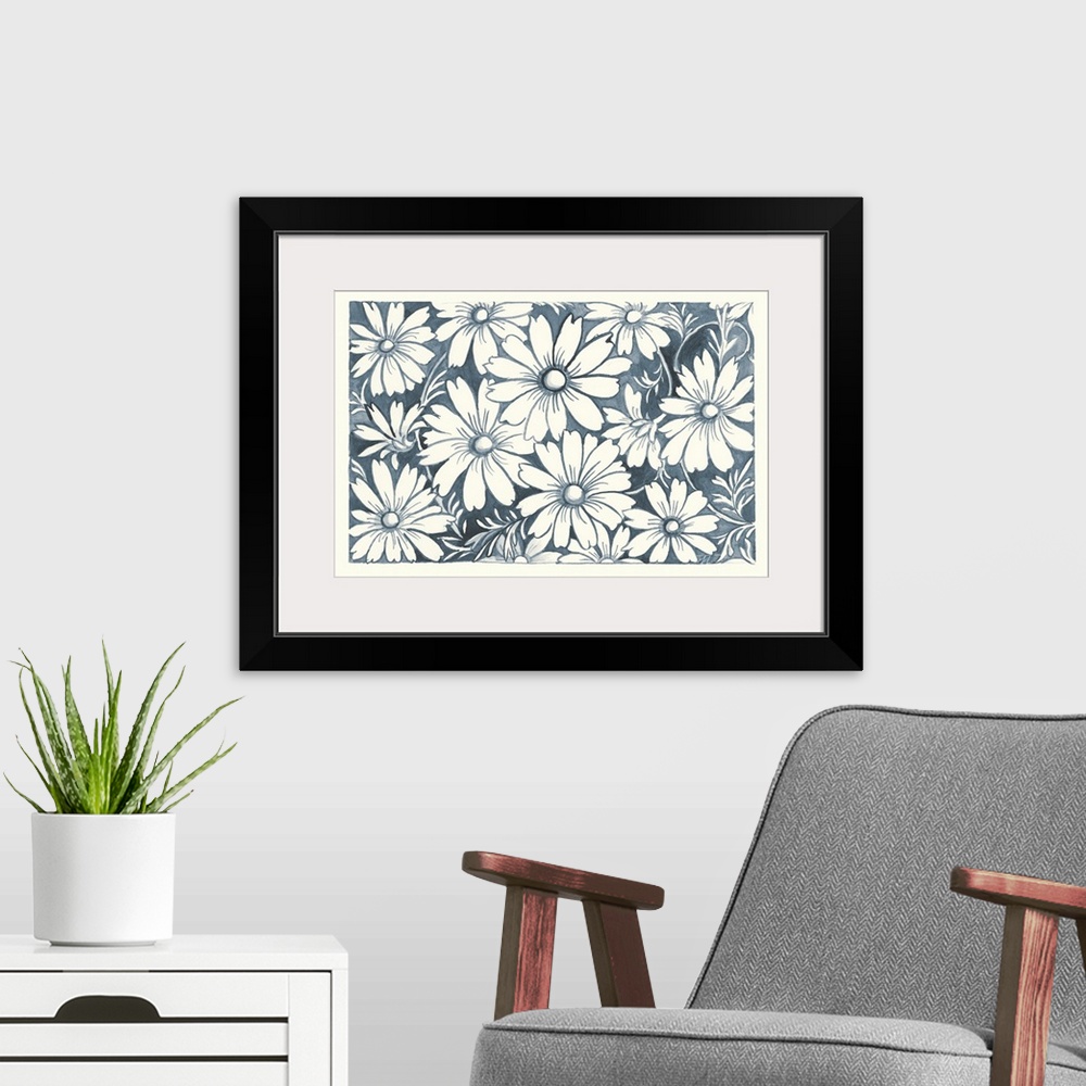 A modern room featuring Floral indigo and white watercolor painting with a white border.