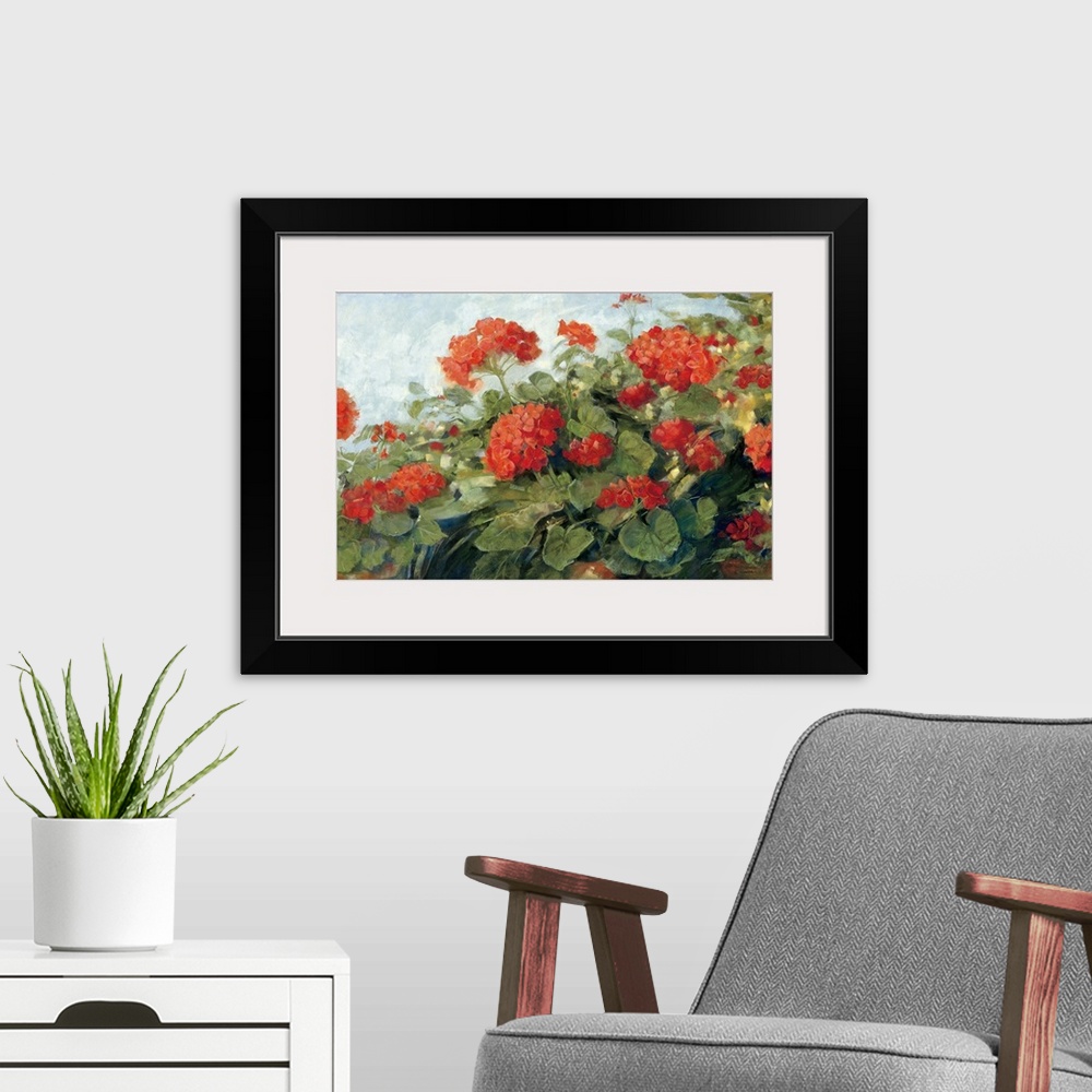 A modern room featuring This realistic still life painting by a contemporary artist of garden plants growing in terra cot...