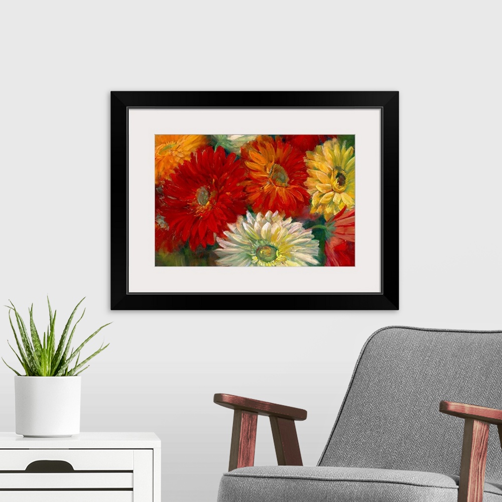 A modern room featuring Contemporary  painting of multicolored daisy bunch.