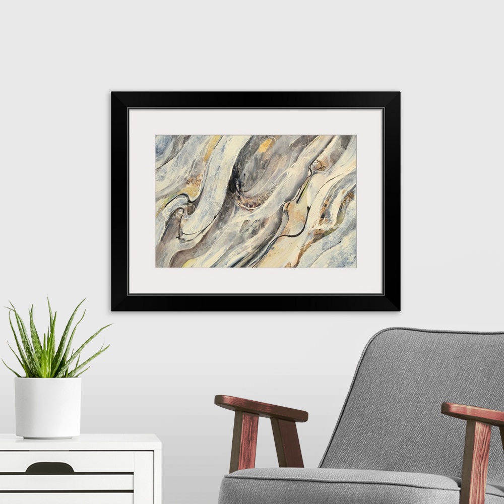 A modern room featuring Contemporary abstract painting with cream, brown, gold, and gray brushstrokes flowing diagonally ...