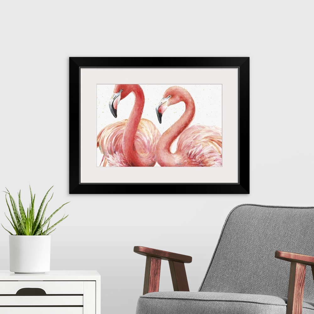 A modern room featuring Rectangular watercolor painting of two pink flamingos with metallic gold highlights and little dots.