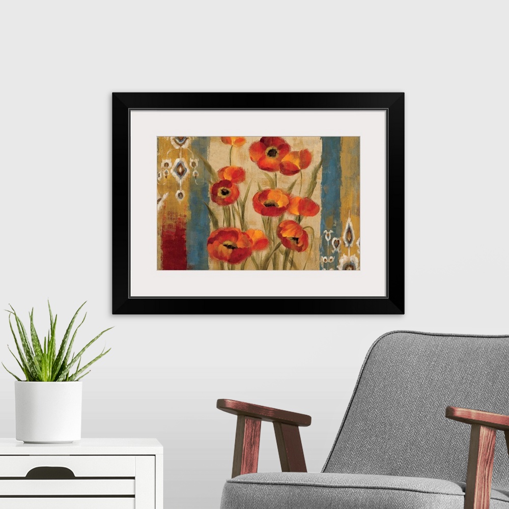 A modern room featuring Contemporary painting of flowers on a vertically striped background.  The flowers are flanked by ...