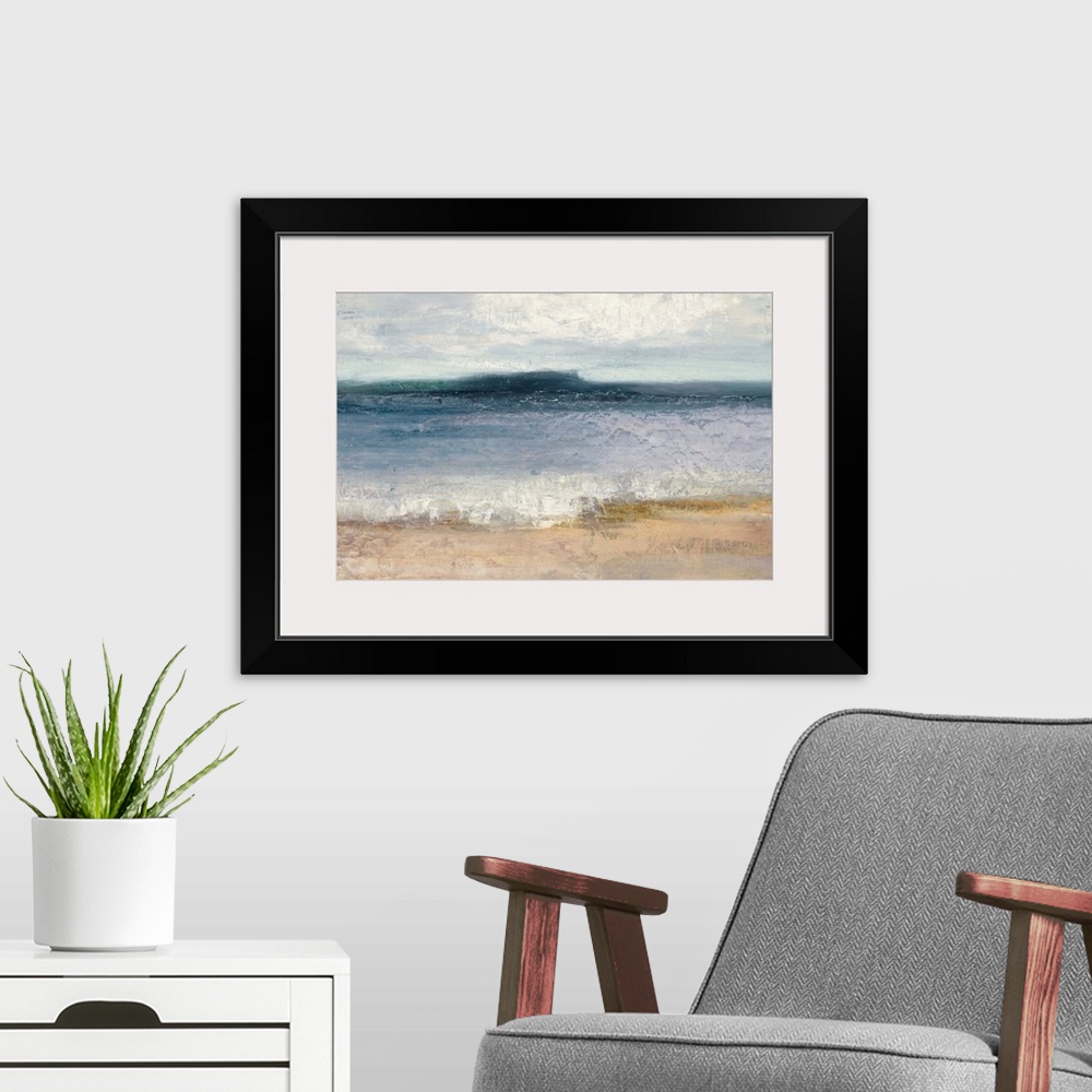 A modern room featuring Abstract painting of the ocean and shoreline separated into horizontal sections of color and text...