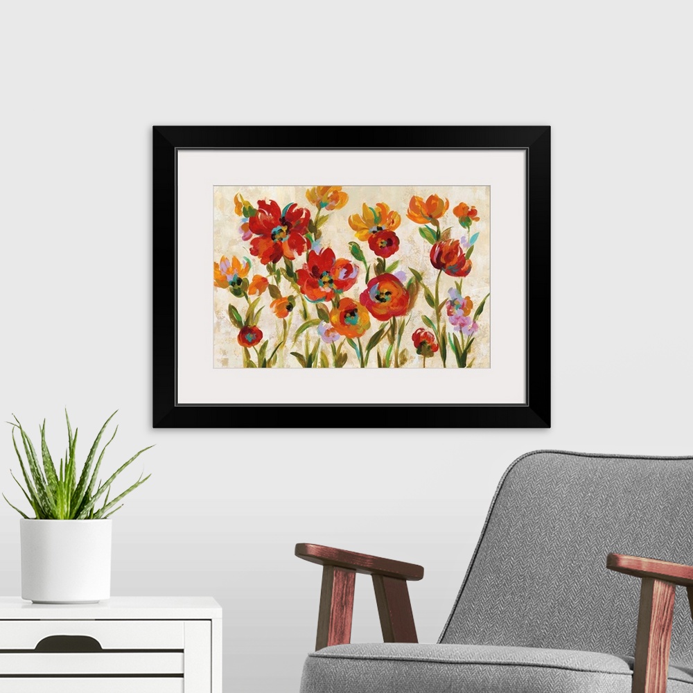 A modern room featuring Rectangular contemporary painting of colorful red and orange flowers on a beige and cream colored...