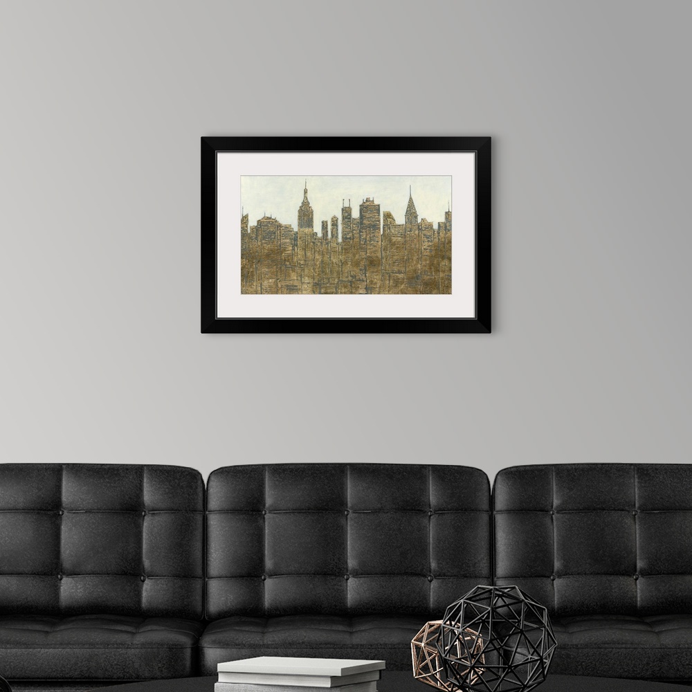 A modern room featuring Dusty gold-toned city skyline.