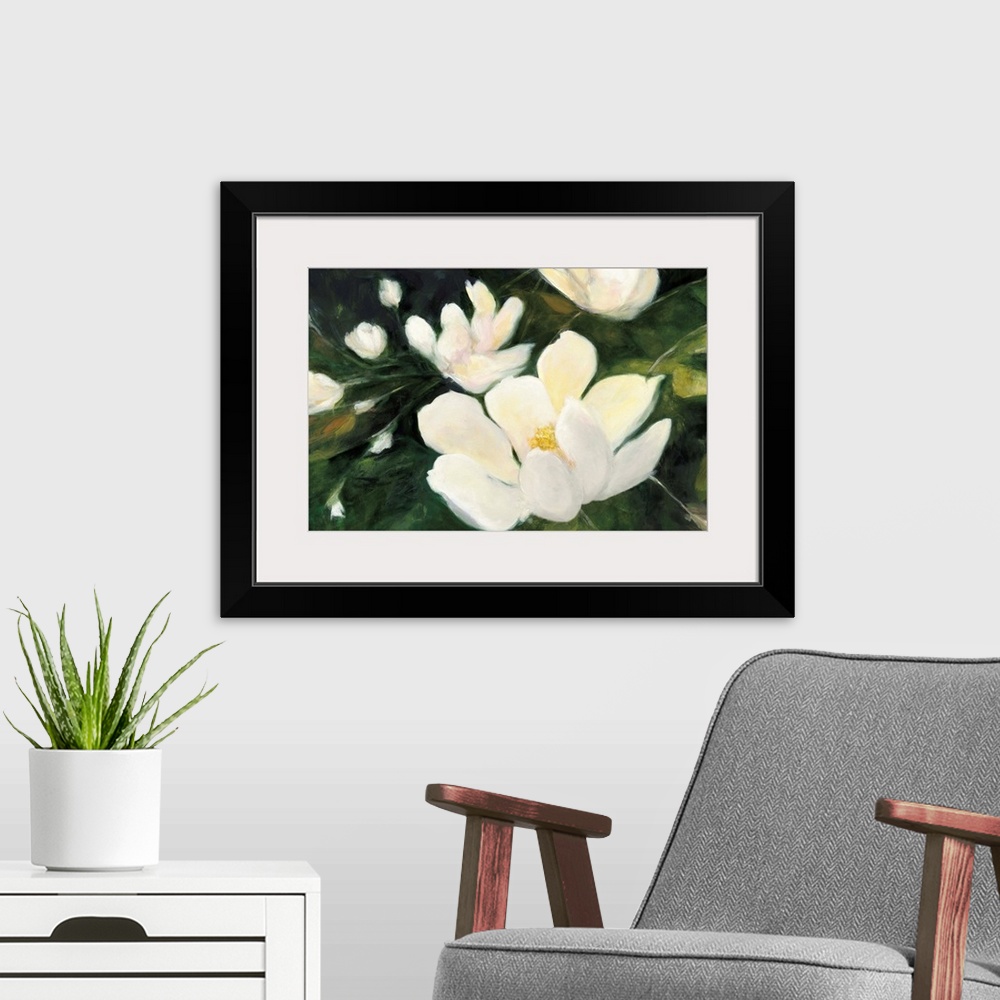A modern room featuring Abstract painting of white magnolia flowers and buds on a dark green background.