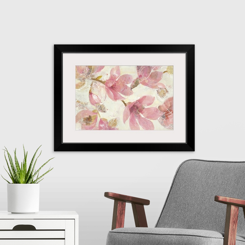 A modern room featuring Contemporary painting of pink flowers against a neutral background.