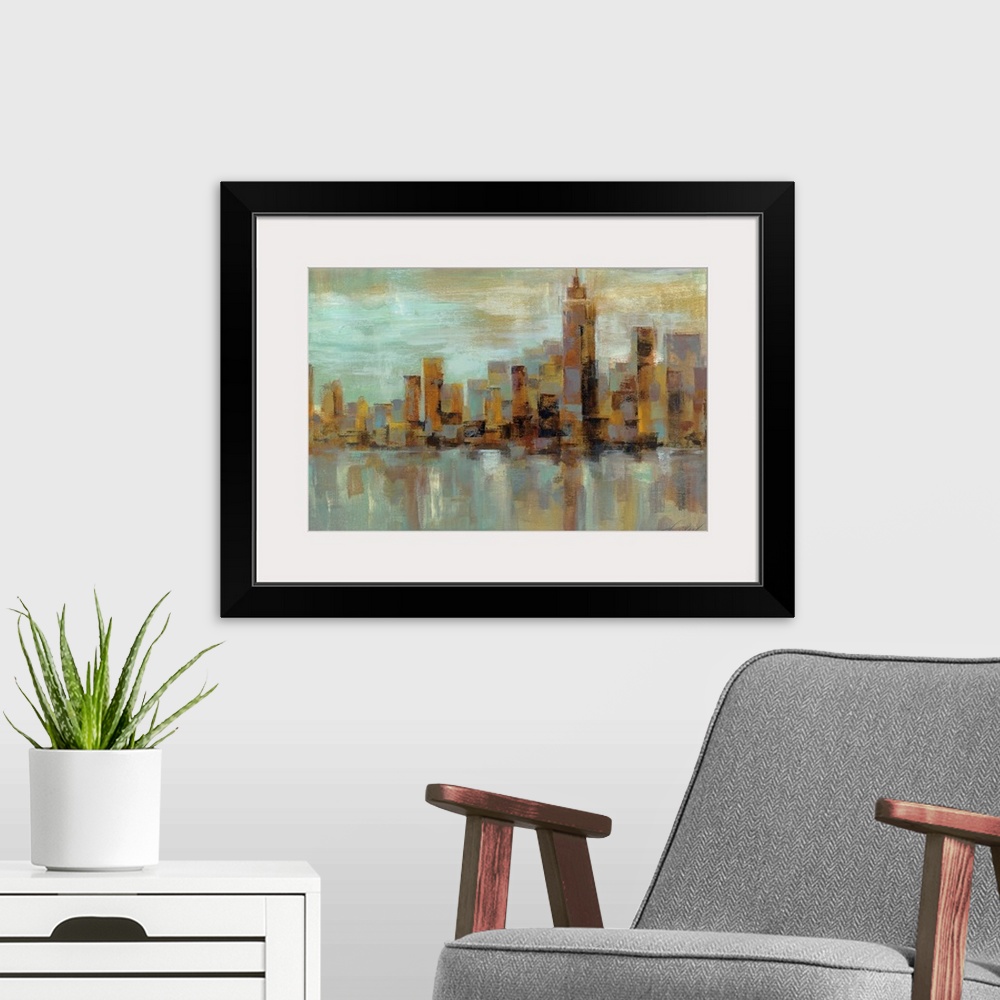 A modern room featuring Abstract painting of a misty cityscape with buildings made out of broad strokes.