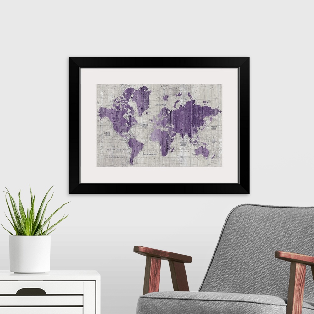A modern room featuring Old World Map Purple Gray