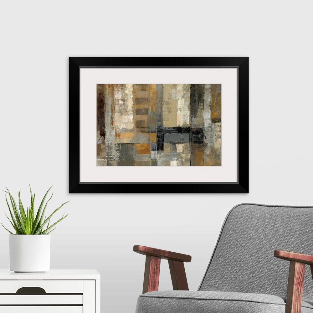 A modern room featuring Abstract art painting of neutral rectangular blocks going all directions.