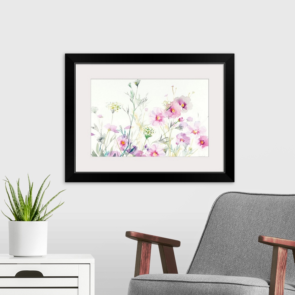 A modern room featuring Watercolor painting of soft cosmos flowers and Queen Annes Lace on a white background.
