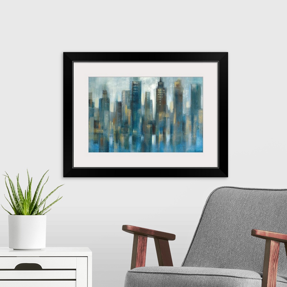 A modern room featuring Large abstract painting of a cool toned city skyline with tall buildings at night.