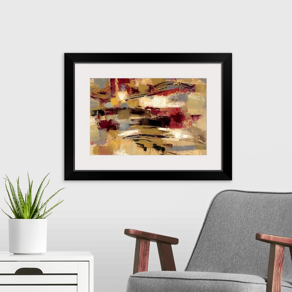 A modern room featuring Contemporary abstract painting using earthy colors.