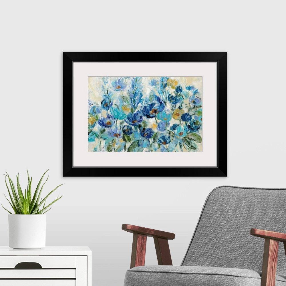 A modern room featuring Large painting of a bunch of flowers in shades of blue with some gold on a neutral colored backgr...