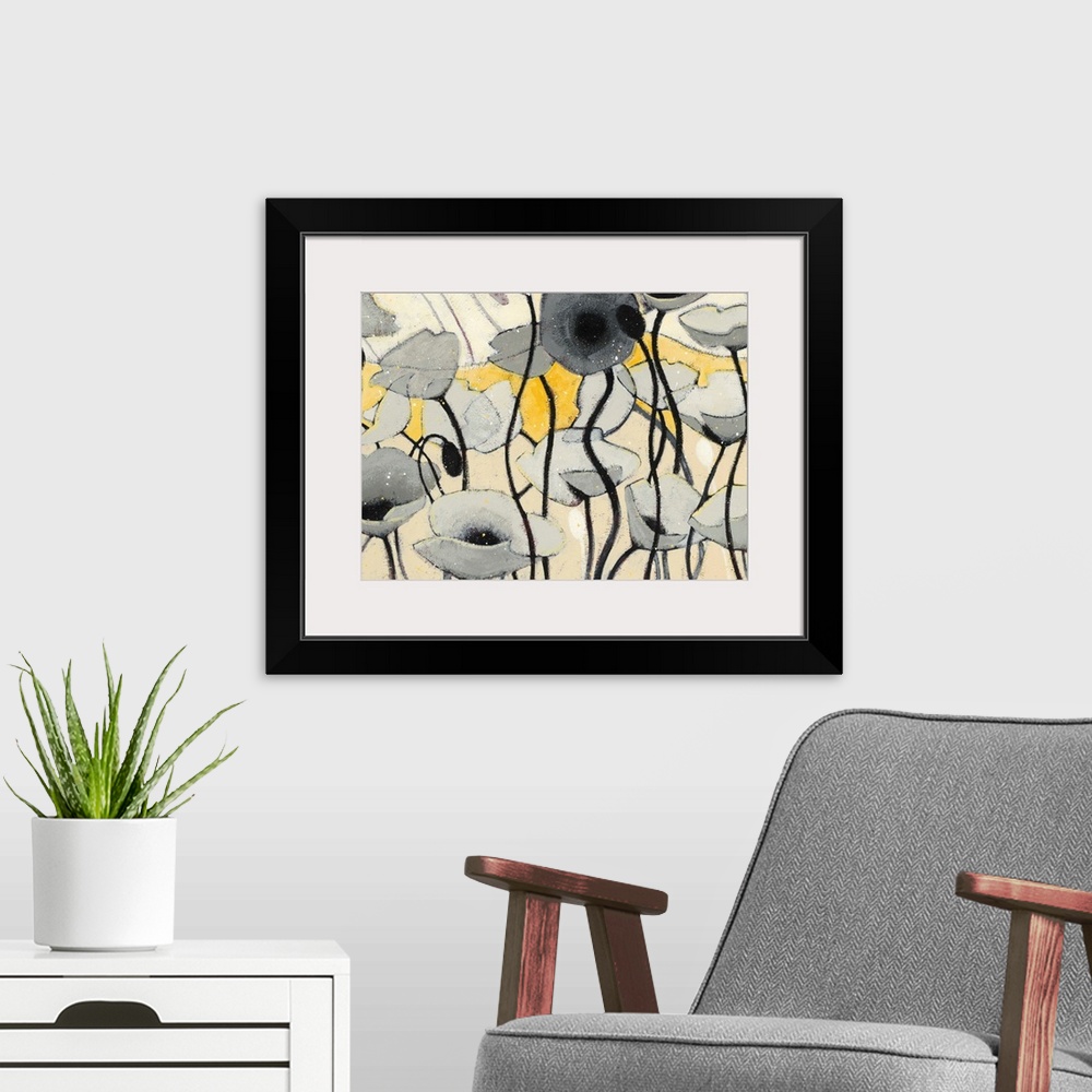A modern room featuring A contemporary painting of gray poppies against a background of multi-yellow tones.