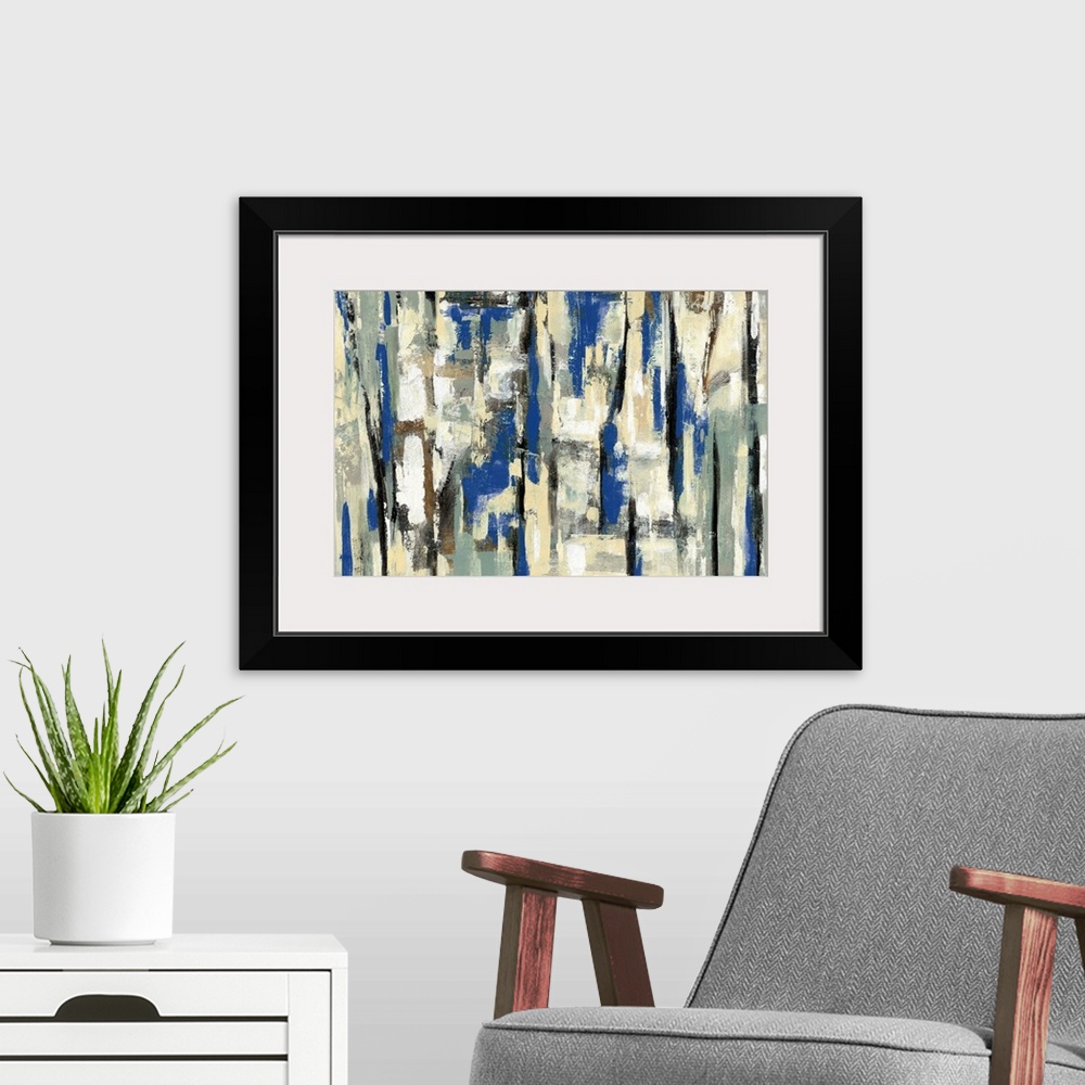 A modern room featuring Large abstract painting with layers of blue, tan, white, gold, and black hues.