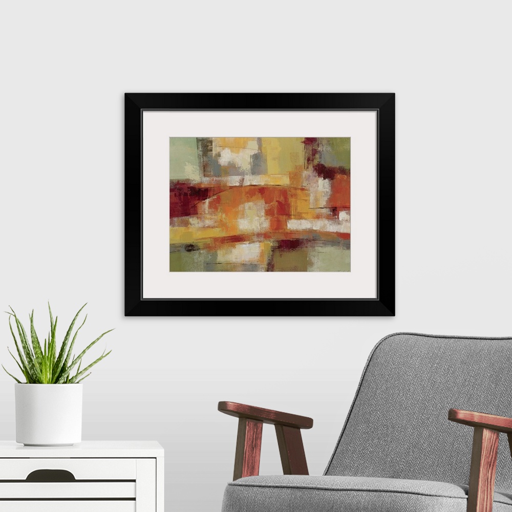 A modern room featuring Contemporary abstract art using warm earthy tones.