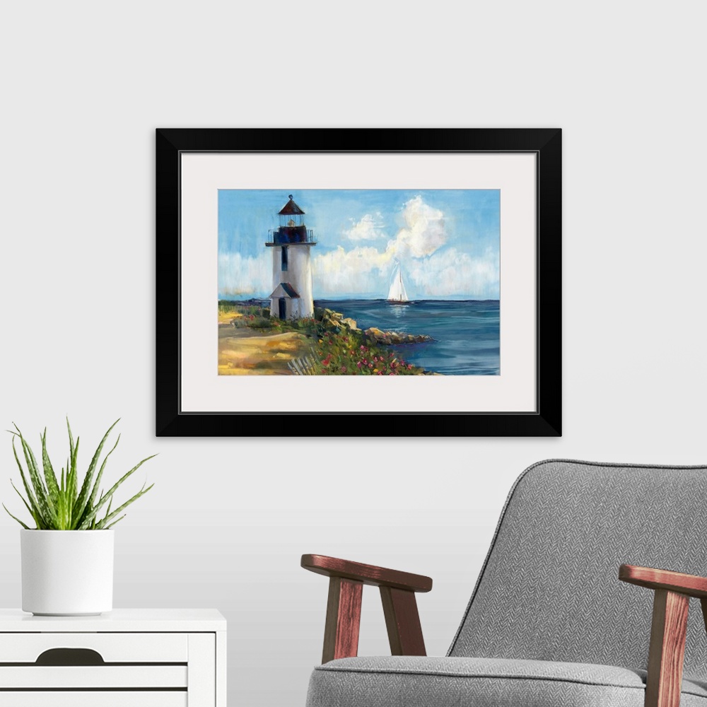 A modern room featuring Peaceful contemporary artwork of a lighthouse on the coast with a small fence and flowers, a sail...