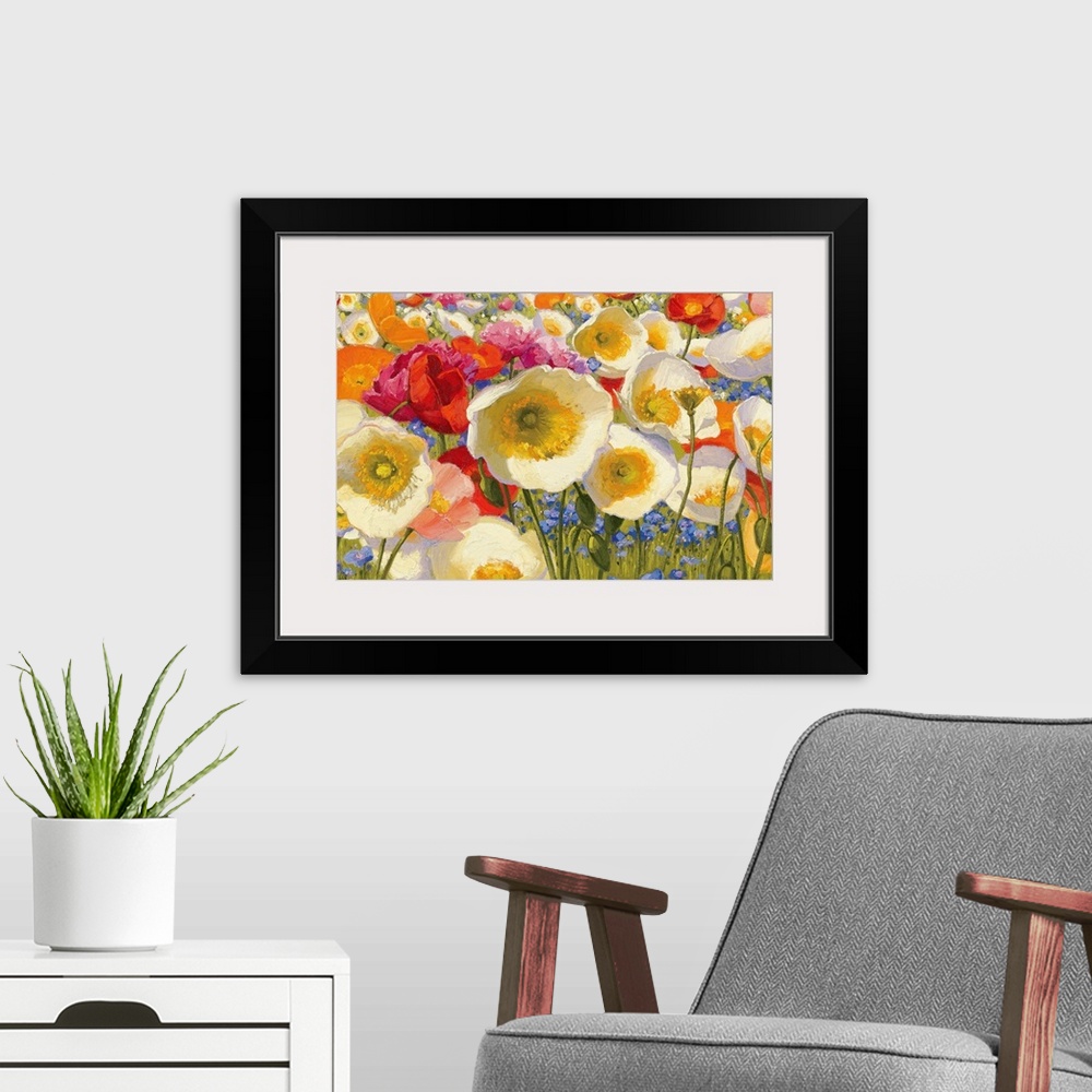 A modern room featuring Close up nature painting of different floral plants and poppies. Horizontal wall art for the livi...
