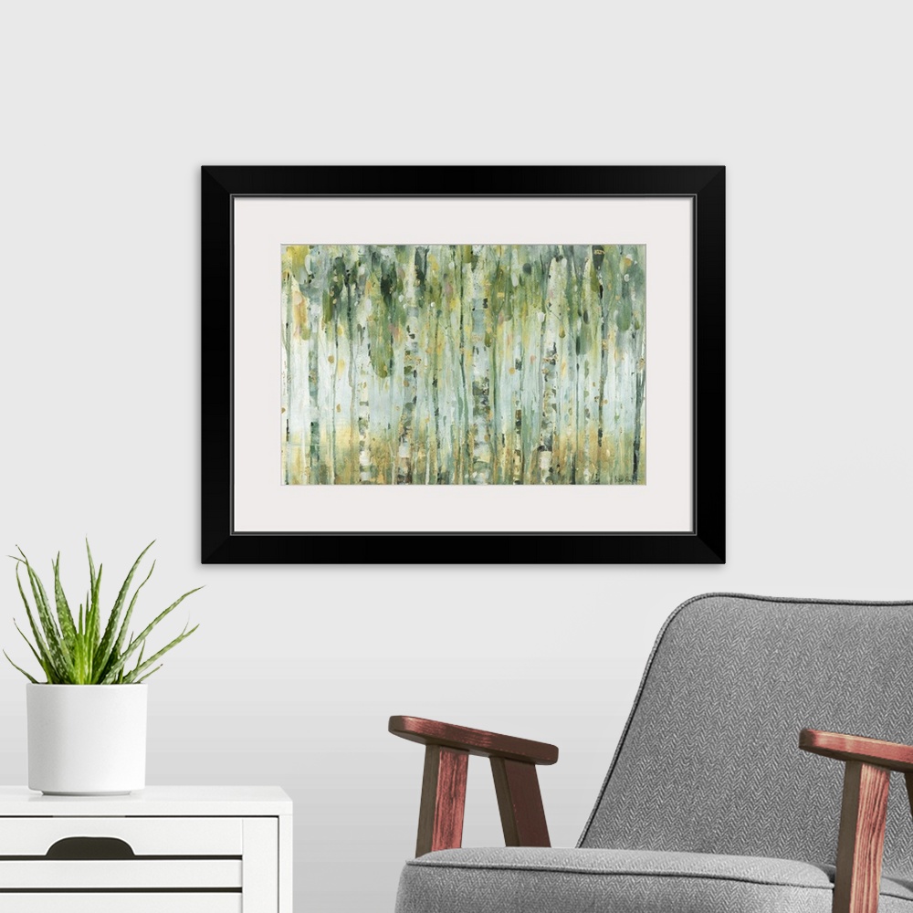 A modern room featuring Horizontal contemporary abstract painting with lines of green, blue, yellow, and gold hues runnin...