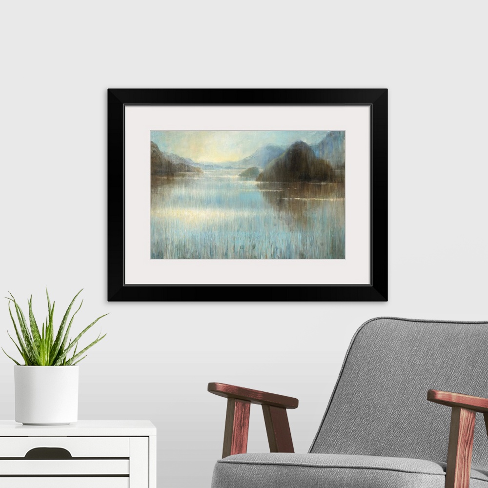 A modern room featuring Large abstract painting of a misty lake landscape with large rocks.