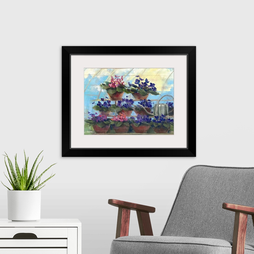 A modern room featuring Contemporary painting of potted flowers in a greenhouse.
