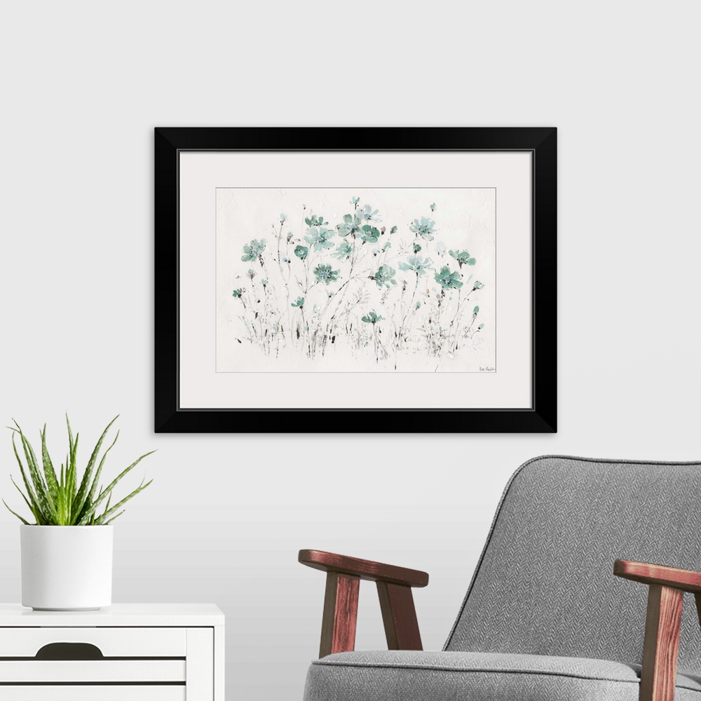 A modern room featuring Contemporary artwork with delicate turquoise flowers with short black strokes over white textured...