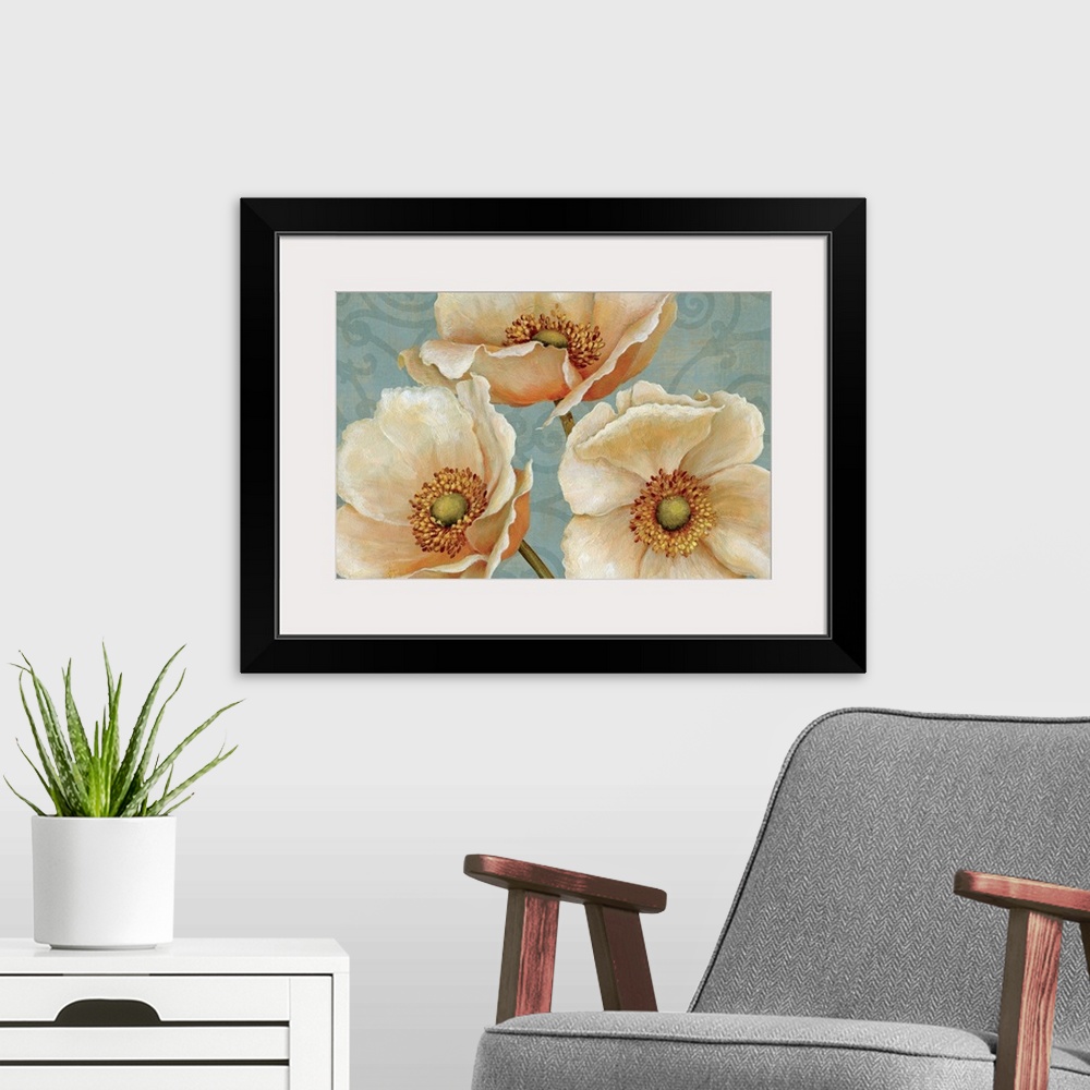 A modern room featuring This home docor is a painting of detailed and realistically rendered flowers on a contrasting bac...