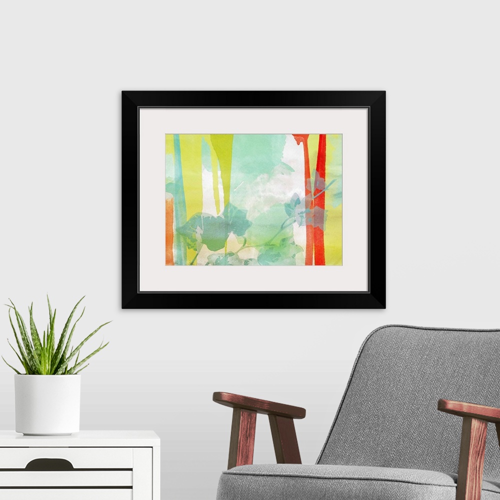 A modern room featuring Colorful contemporary plant silhouettes all merging together making a simple yet elegant abstract...